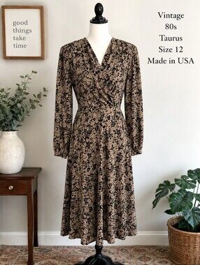 Vintage 80s Taurus Dress Size 12 Black Tan Floral Midi Made USA Long Sleeve #O21